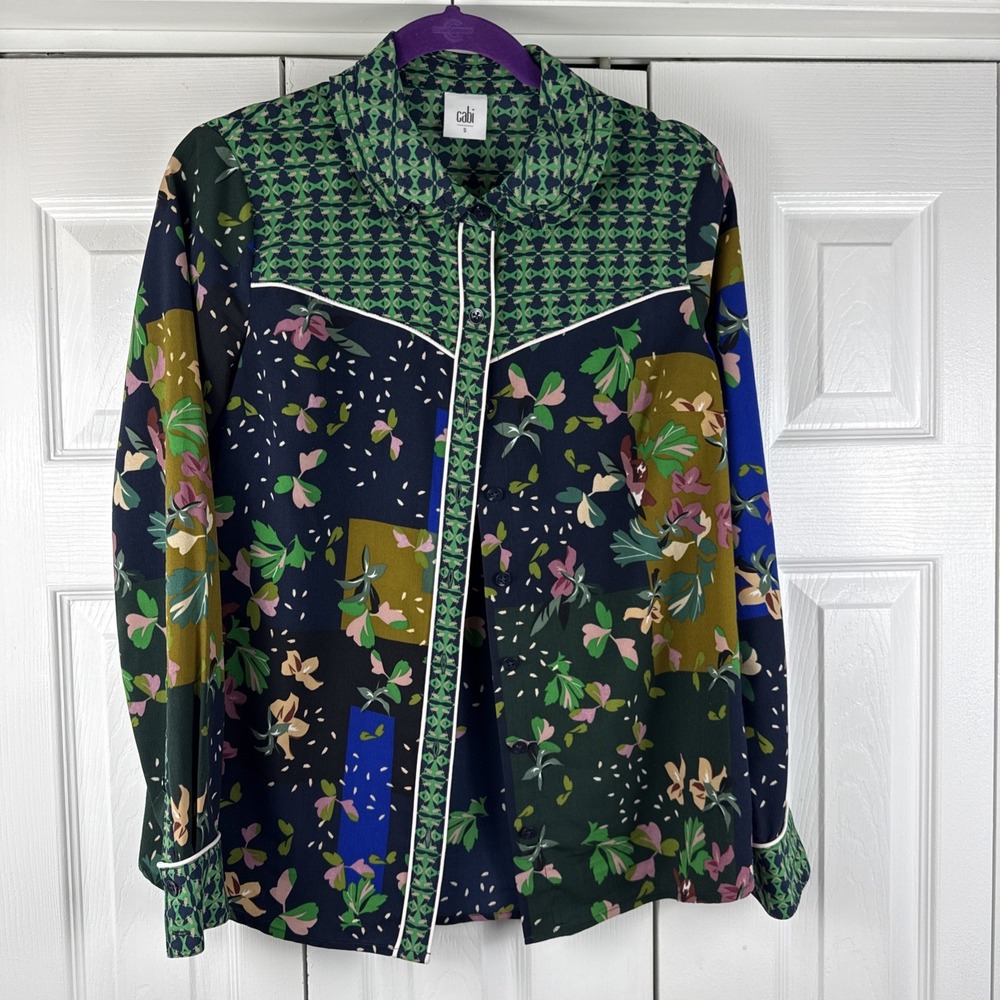 CABI Shirt Womens Small Bronco Blouse Western Cowboy Patchwork Floral #5520